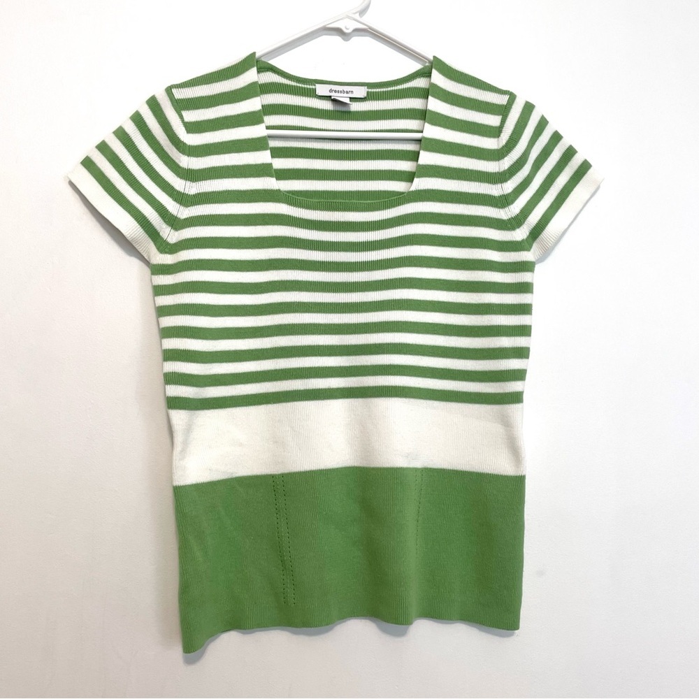 DRESSBARN DRESS BARN Green White Vertical Stripe Short Sleeve Sweater / Knit Top